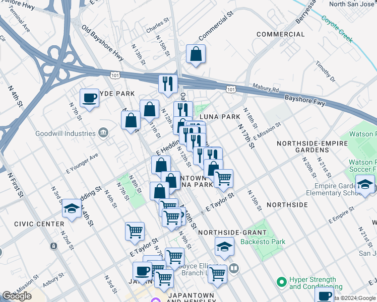 map of restaurants, bars, coffee shops, grocery stores, and more near 899 North 13th Street in San Jose