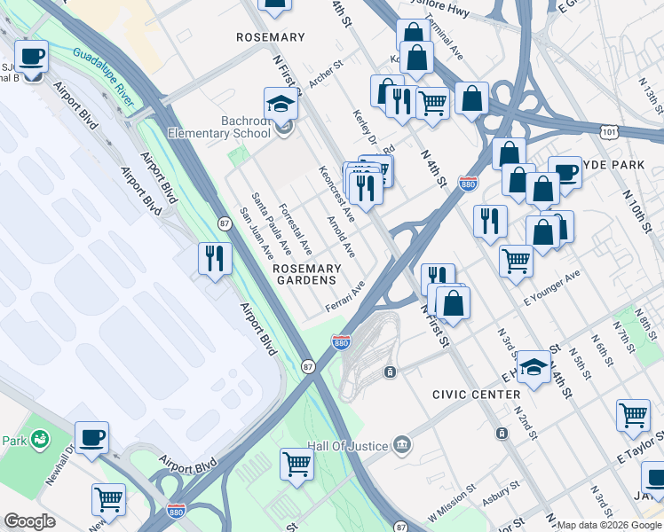 map of restaurants, bars, coffee shops, grocery stores, and more near 163 West Rosemary Street in San Jose