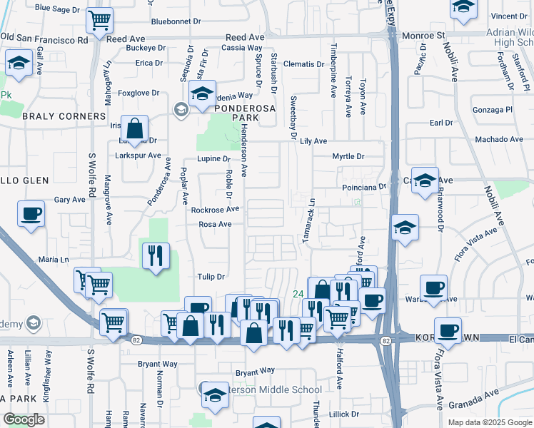 map of restaurants, bars, coffee shops, grocery stores, and more near 900 Henderson Avenue in Sunnyvale