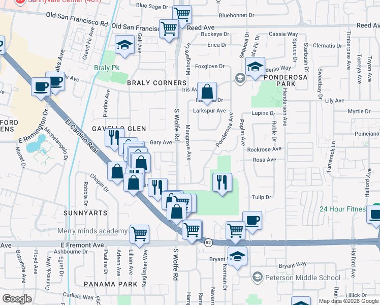 map of restaurants, bars, coffee shops, grocery stores, and more near 910 Primrose Avenue in Sunnyvale