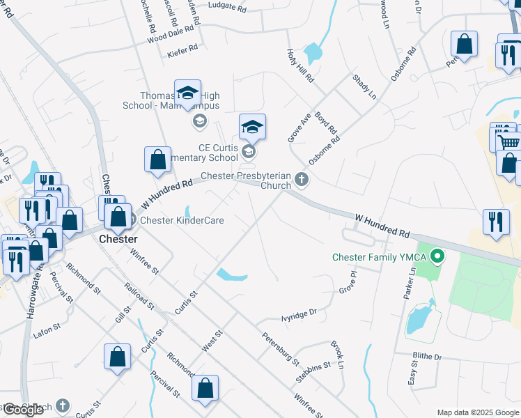 map of restaurants, bars, coffee shops, grocery stores, and more near 12019 Oakland Street in Chester