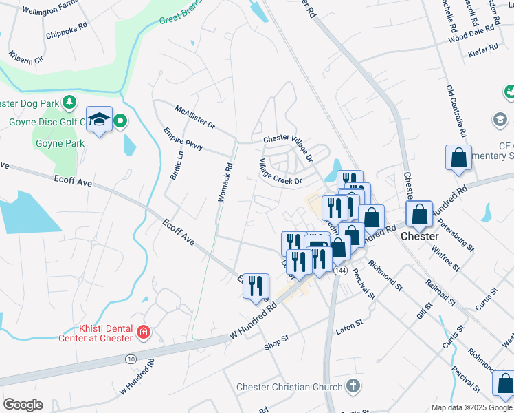 map of restaurants, bars, coffee shops, grocery stores, and more near 11724 Village Garden Drive in Chester