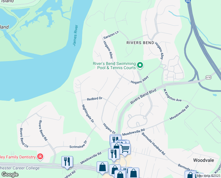 map of restaurants, bars, coffee shops, grocery stores, and more near 12602 Hogans Drive in Chester