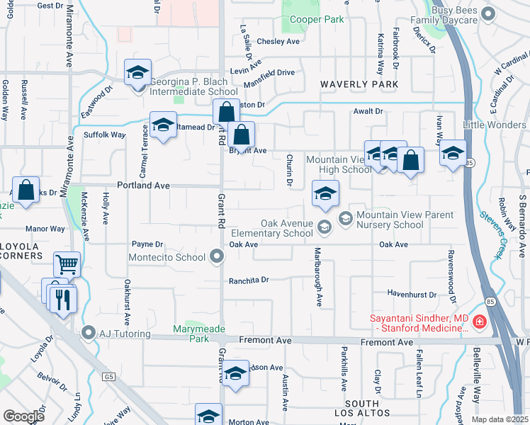 map of restaurants, bars, coffee shops, grocery stores, and more near 1390 Miravalle Avenue in Los Altos