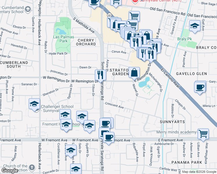 map of restaurants, bars, coffee shops, grocery stores, and more near 110 East Remington Drive in Sunnyvale