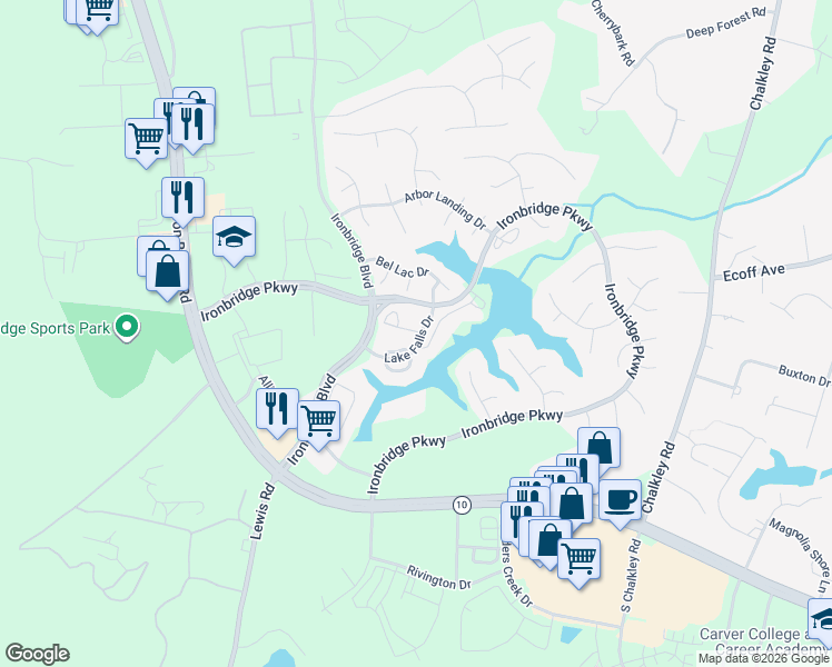 map of restaurants, bars, coffee shops, grocery stores, and more near 11700 Lake Falls Drive in Chester
