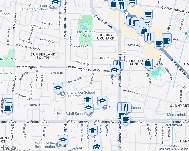 map of restaurants, bars, coffee shops, grocery stores, and more near 1108 Spinosa Drive in Sunnyvale