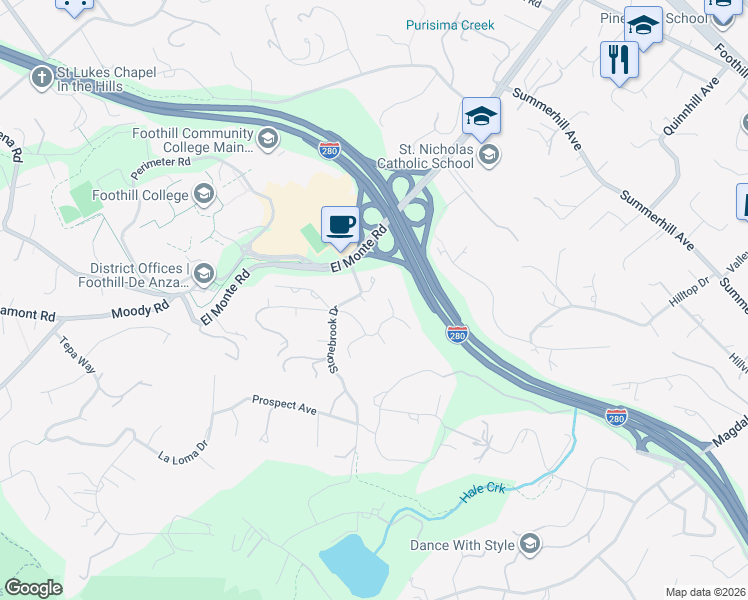 map of restaurants, bars, coffee shops, grocery stores, and more near 12387 Stonebrook Drive in Los Altos Hills