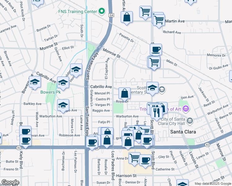 map of restaurants, bars, coffee shops, grocery stores, and more near 2281 Menzel Place in Santa Clara