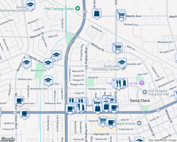 map of restaurants, bars, coffee shops, grocery stores, and more near 2281 Menzel Place in Santa Clara