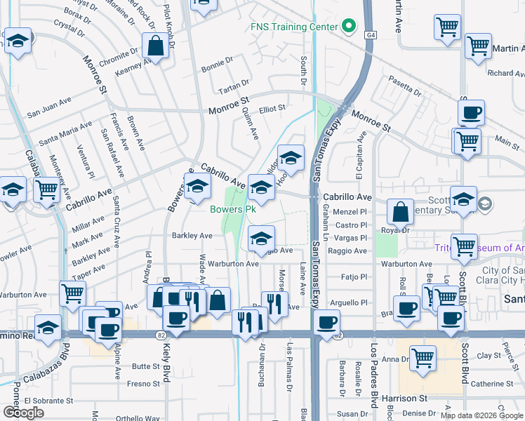 map of restaurants, bars, coffee shops, grocery stores, and more near 2550 Cabrillo Avenue in Santa Clara