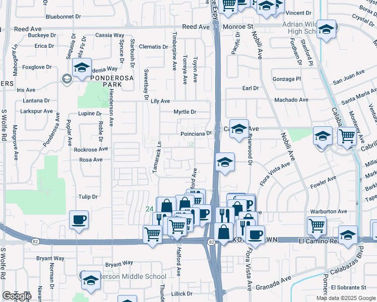 map of restaurants, bars, coffee shops, grocery stores, and more near 3705 Terstena Place in Santa Clara