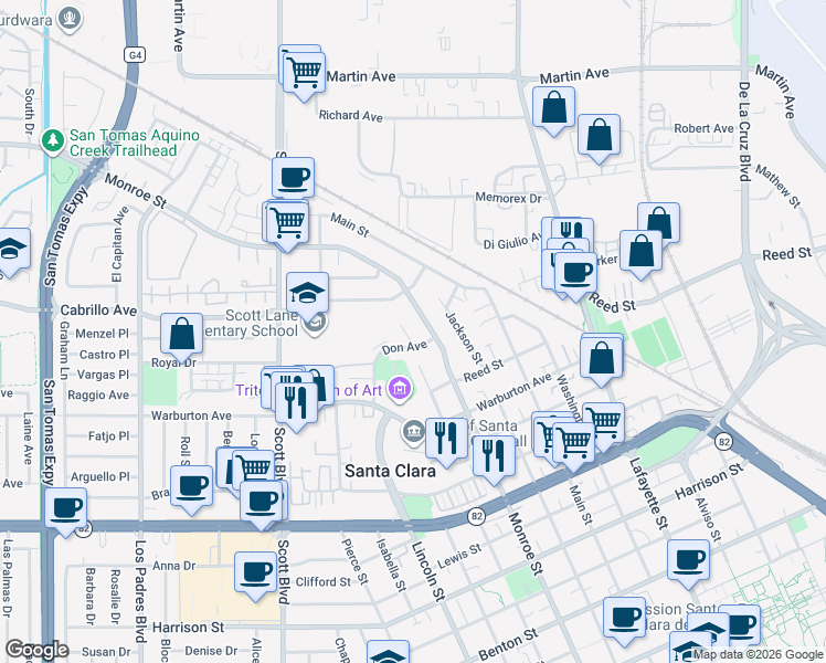 map of restaurants, bars, coffee shops, grocery stores, and more near 2040 Don Court in Santa Clara