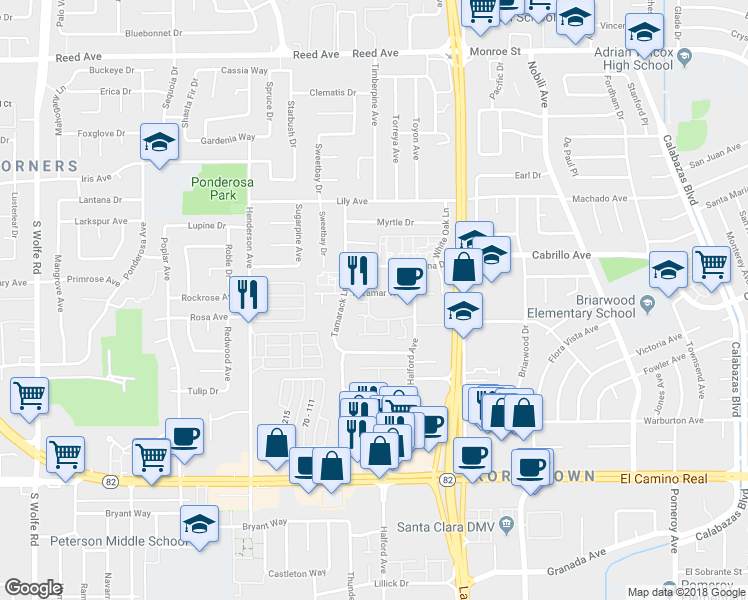 map of restaurants, bars, coffee shops, grocery stores, and more near 3761 Miramar Way in Santa Clara