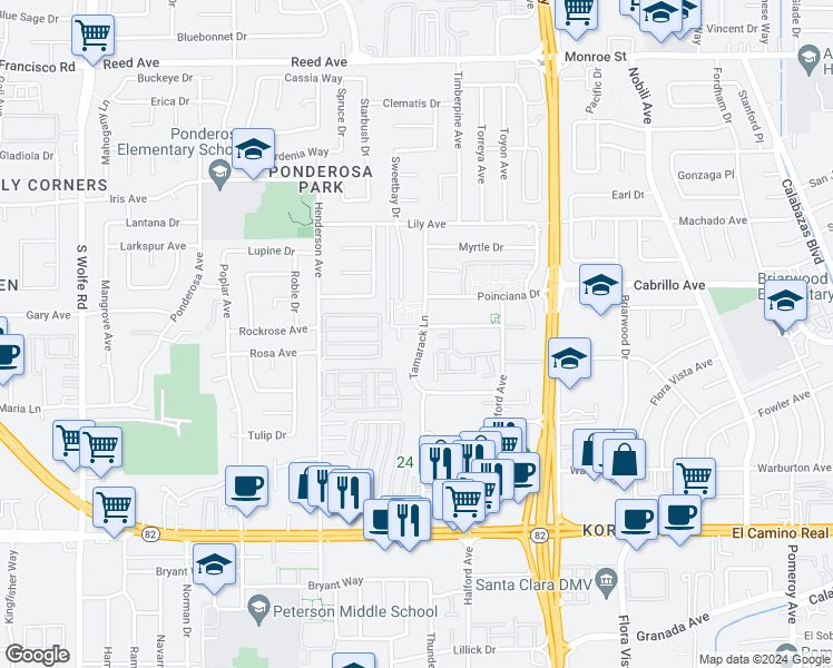 map of restaurants, bars, coffee shops, grocery stores, and more near 888 Tamarack Lane in Sunnyvale