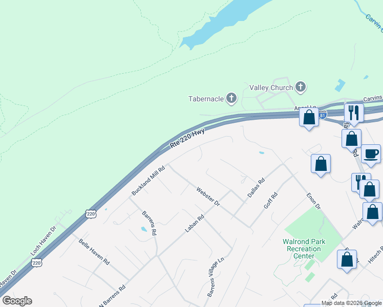 map of restaurants, bars, coffee shops, grocery stores, and more near 6152 Buckland Mill Road in Hollins