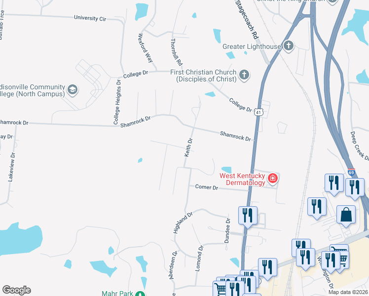 map of restaurants, bars, coffee shops, grocery stores, and more near 199 Mitchell Drive in Madisonville