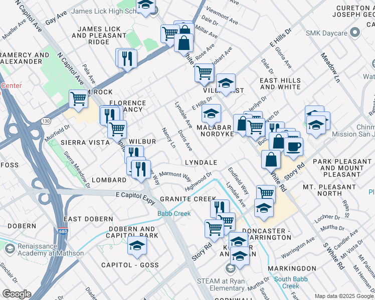 map of restaurants, bars, coffee shops, grocery stores, and more near 373 Doris Avenue in San Jose