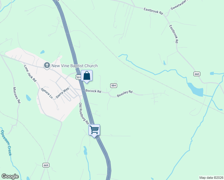 map of restaurants, bars, coffee shops, grocery stores, and more near 336-344 Bocock Road in Lynchburg