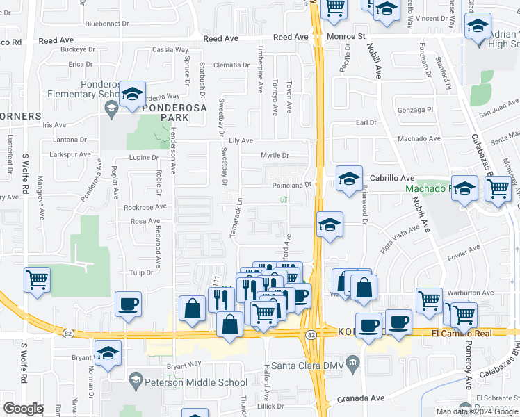 map of restaurants, bars, coffee shops, grocery stores, and more near 3725 Terstena Place in Santa Clara