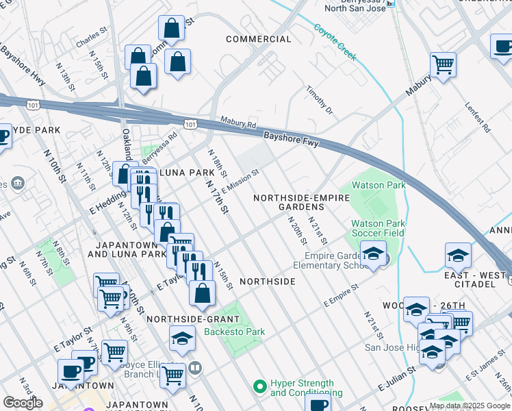map of restaurants, bars, coffee shops, grocery stores, and more near 741 North 19th Street in San Jose