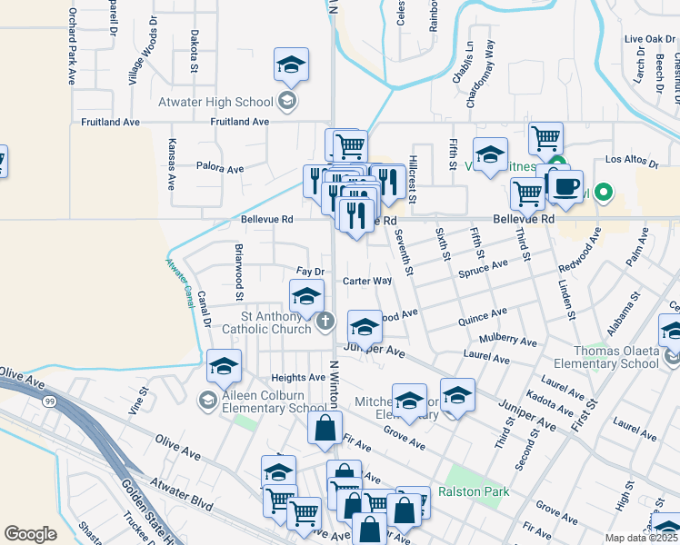 map of restaurants, bars, coffee shops, grocery stores, and more near 1879 Carter Way in Atwater