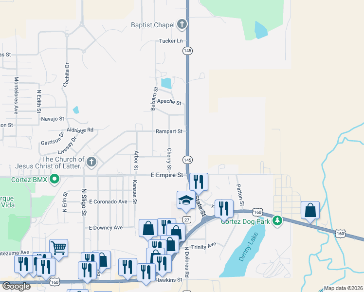 map of restaurants, bars, coffee shops, grocery stores, and more near 891 North Dolores Road in Cortez
