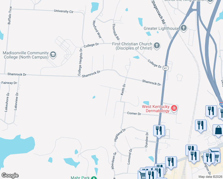 map of restaurants, bars, coffee shops, grocery stores, and more near 101-199 Mitchell Drive in Madisonville