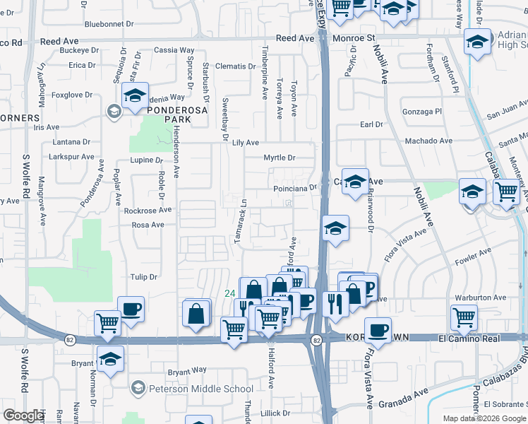 map of restaurants, bars, coffee shops, grocery stores, and more near 3725 Terstena Place in Santa Clara