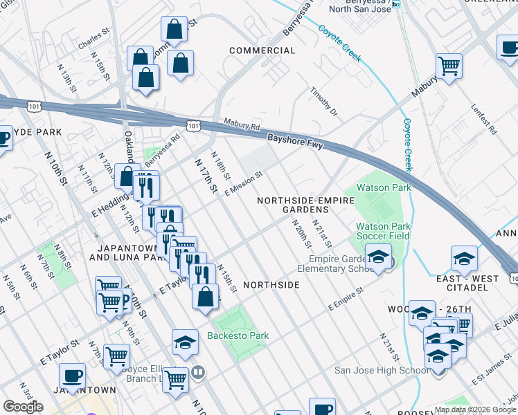 map of restaurants, bars, coffee shops, grocery stores, and more near 741 North 19th Street in San Jose