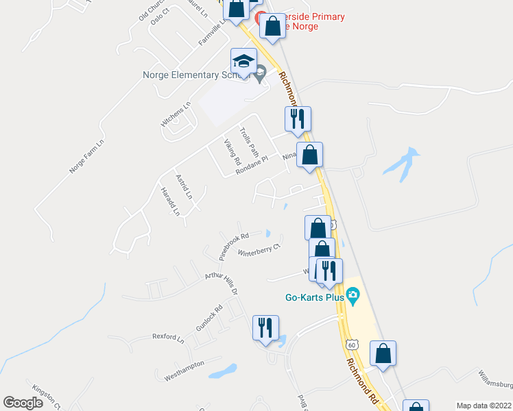 map of restaurants, bars, coffee shops, grocery stores, and more near 1504 Rustads Circle in Williamsburg