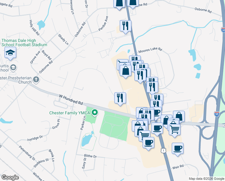 map of restaurants, bars, coffee shops, grocery stores, and more near 2932 Mountclair Road in Chester