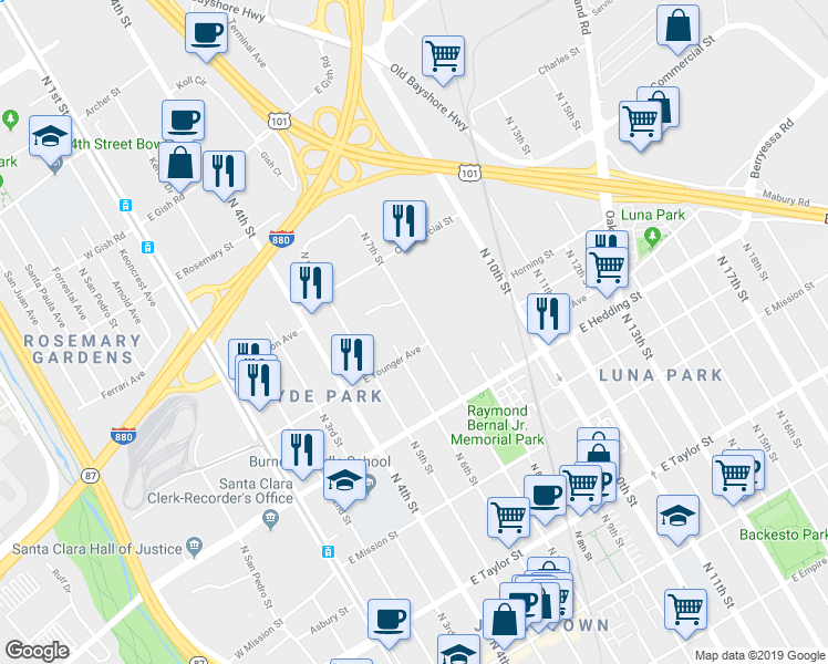 map of restaurants, bars, coffee shops, grocery stores, and more near 1055 North 7th Street in San Jose