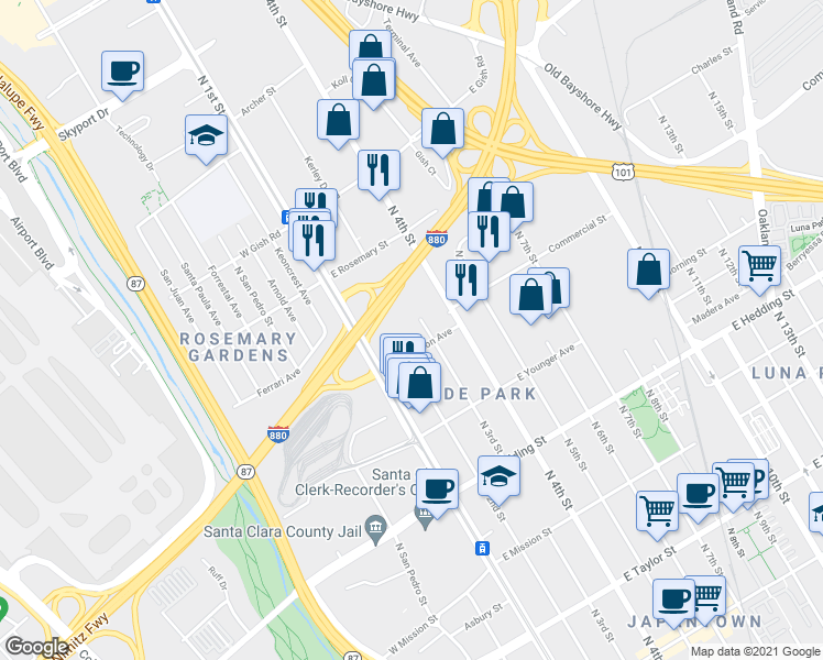 map of restaurants, bars, coffee shops, grocery stores, and more near 1161 North 4th Street in San Jose