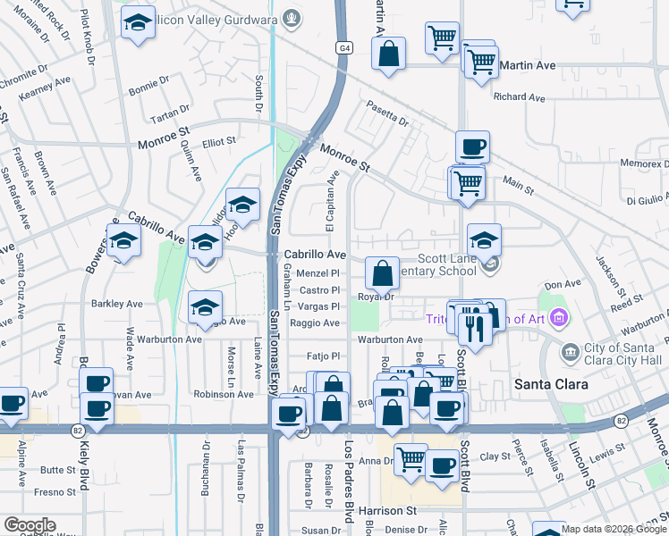 map of restaurants, bars, coffee shops, grocery stores, and more near 1984 Los Padres Boulevard in Santa Clara