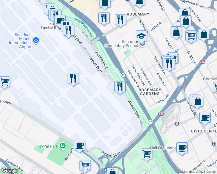map of restaurants, bars, coffee shops, grocery stores, and more near 1433 Airport Boulevard in San Jose