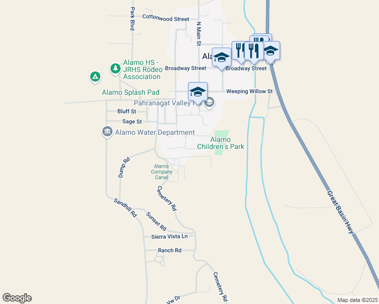 map of restaurants, bars, coffee shops, grocery stores, and more near 353 Peggy Way in Alamo