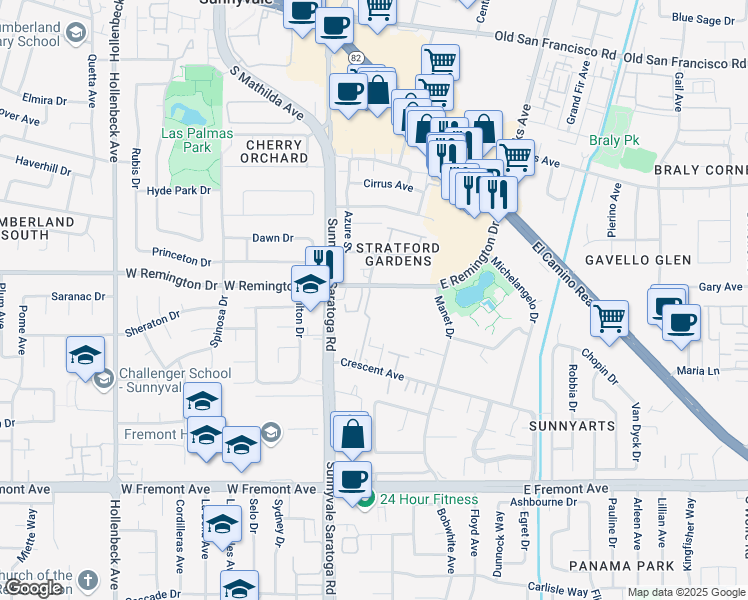 map of restaurants, bars, coffee shops, grocery stores, and more near 120 East Remington Drive in Sunnyvale
