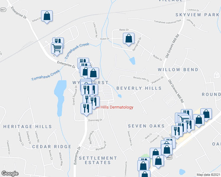 map of restaurants, bars, coffee shops, grocery stores, and more near 100 Blenheim Drive in Lynchburg