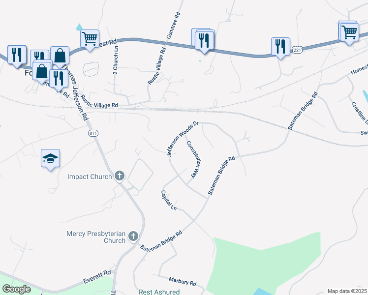 map of restaurants, bars, coffee shops, grocery stores, and more near 107 Constitution Way in Forest