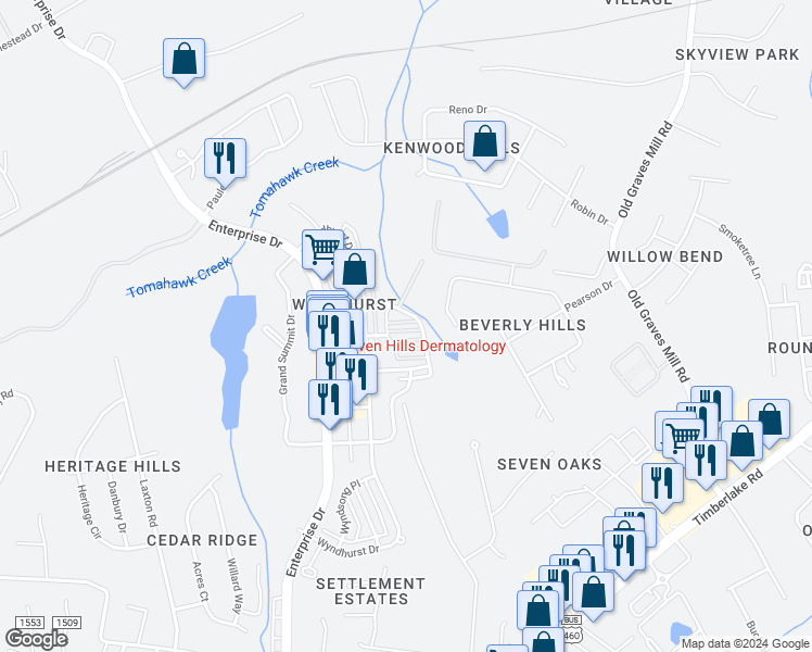 map of restaurants, bars, coffee shops, grocery stores, and more near 112 Blenheim Drive in Lynchburg