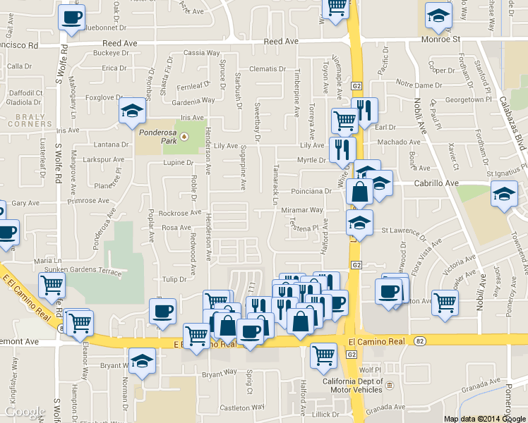 map of restaurants, bars, coffee shops, grocery stores, and more near 888 Tamarack Lane in Sunnyvale