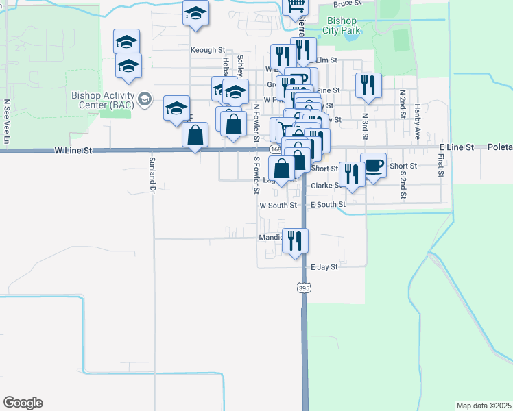 map of restaurants, bars, coffee shops, grocery stores, and more near 400 South Fowler Street in Bishop