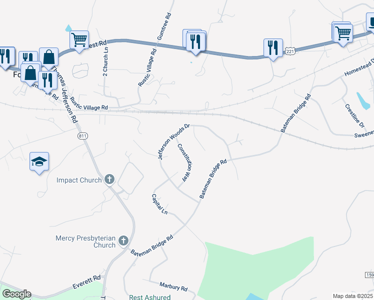 map of restaurants, bars, coffee shops, grocery stores, and more near 110 Constitution Way in Forest