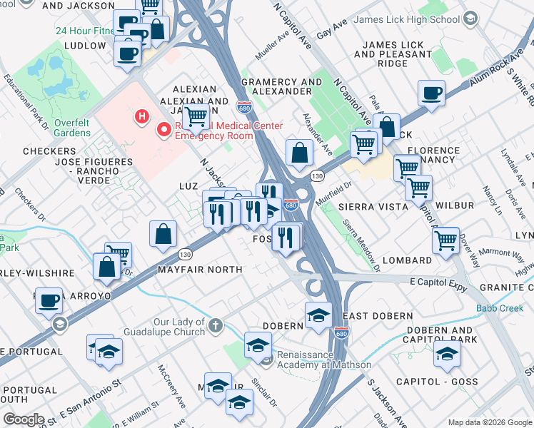 map of restaurants, bars, coffee shops, grocery stores, and more near 2370 Alum Rock Avenue in San Jose