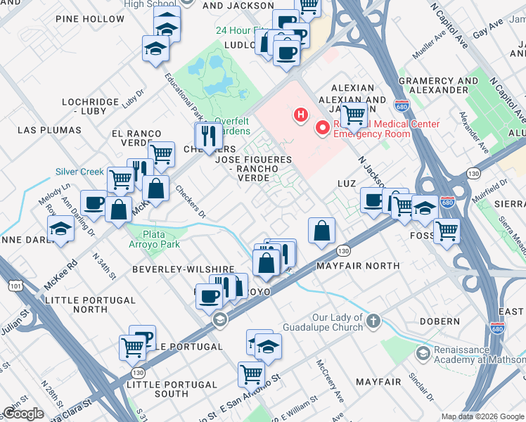 map of restaurants, bars, coffee shops, grocery stores, and more near 276 Palacio Royale Circle in San Jose