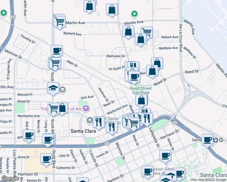 map of restaurants, bars, coffee shops, grocery stores, and more near 2040 Main Street in Santa Clara