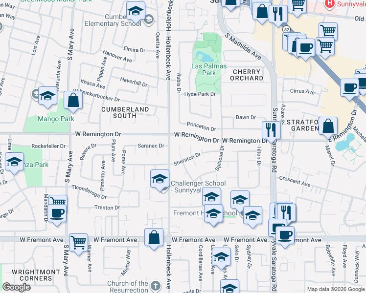 map of restaurants, bars, coffee shops, grocery stores, and more near 668 West Remington Drive in Sunnyvale