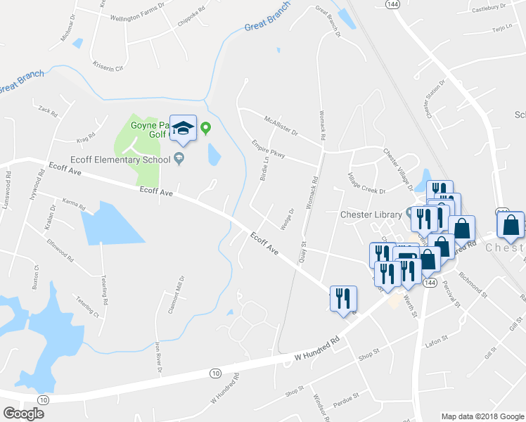 map of restaurants, bars, coffee shops, grocery stores, and more near 4900 Par Drive in Chester
