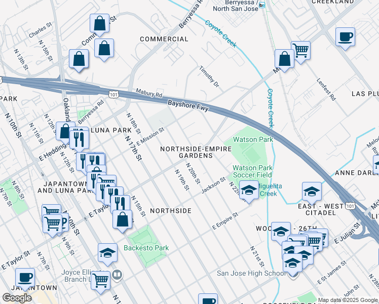 map of restaurants, bars, coffee shops, grocery stores, and more near 991 East Taylor Street in San Jose